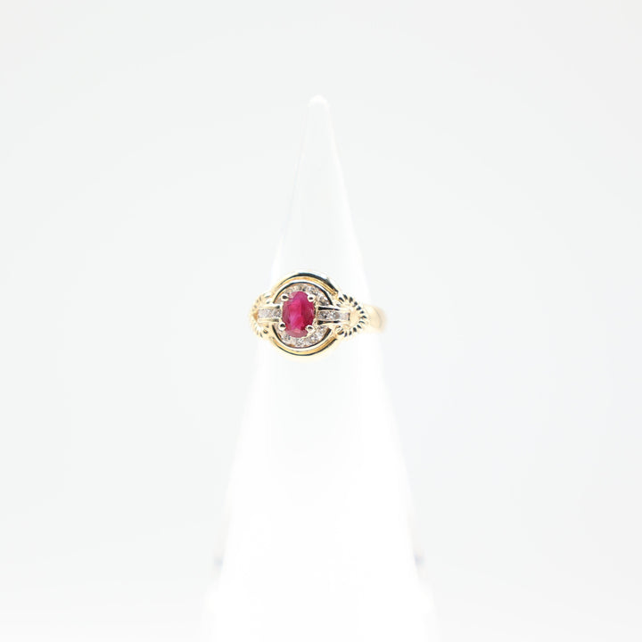 14k Yellow Pink Ruby 6mmx5mm with White Diamond Halo Ring Size 4.75