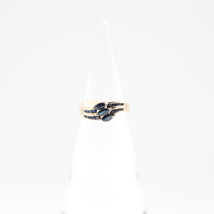 14k Yellow Gold Double Row Band Ring with 3 Marquise Blue Sapphire Stones Size 7.25