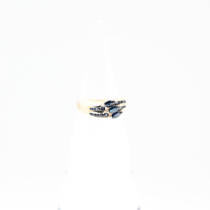 14k Yellow Gold Double Row Band Ring with 3 Marquise Blue Sapphire Stones Size 7.25