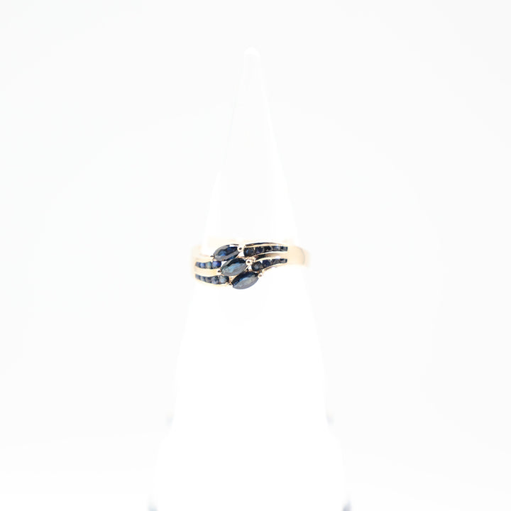 14k Yellow Gold Double Row Band Ring with 3 Marquise Blue Sapphire Stones Size 7.25