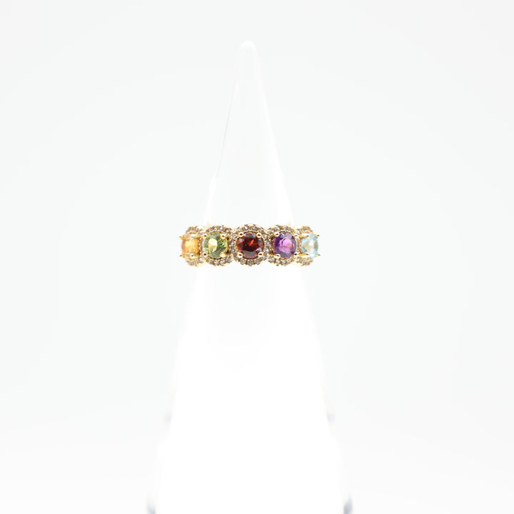 925 Sterling Silver 18k Gold Plated Band Ring with Citrine Blue Topaz Garnet Purple Spinel Prasiolite and White Sapphire Halo Stones Size 7