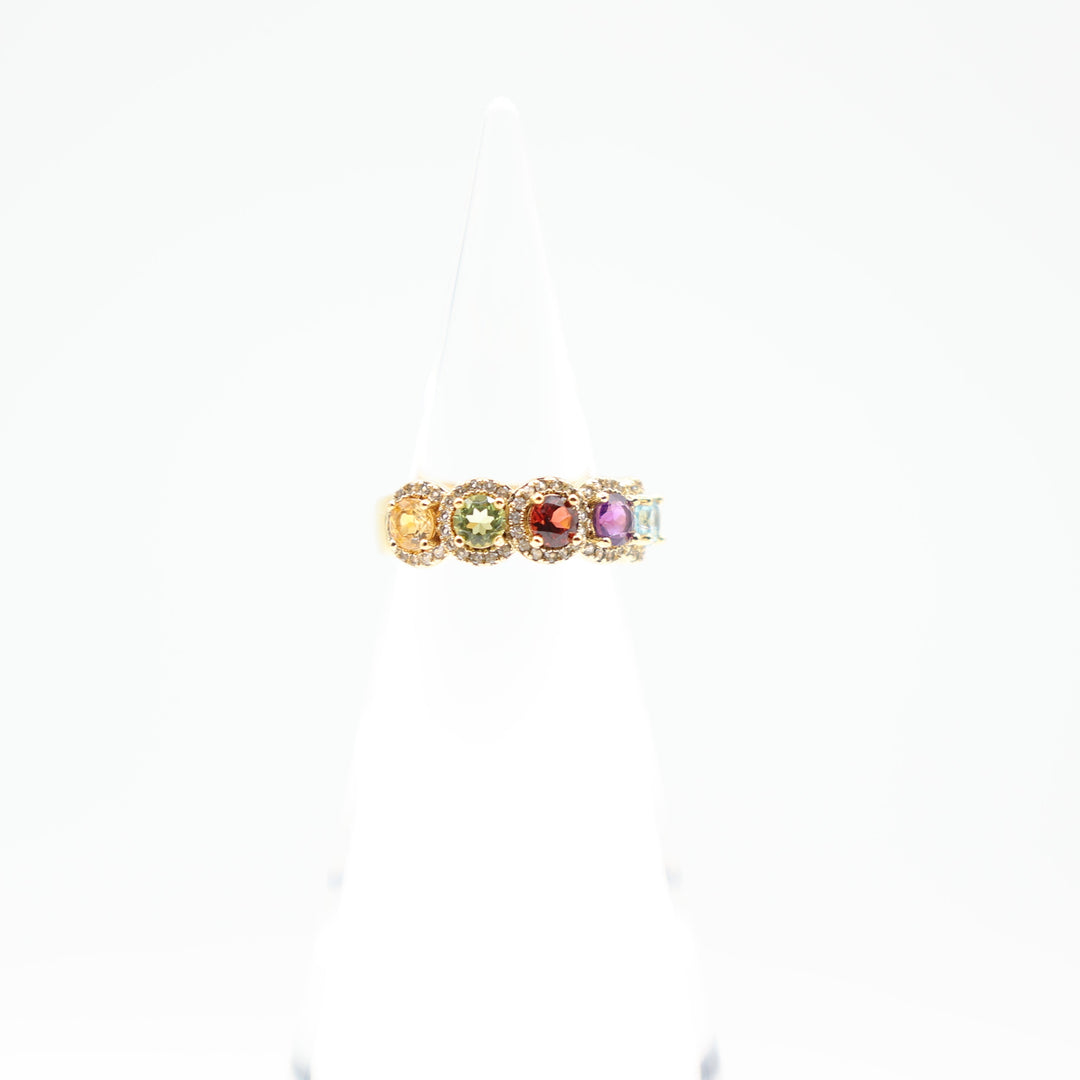 925 Sterling Silver 18k Gold Plated Band Ring with Citrine Blue Topaz Garnet Purple Spinel Prasiolite and White Sapphire Halo Stones Size 7