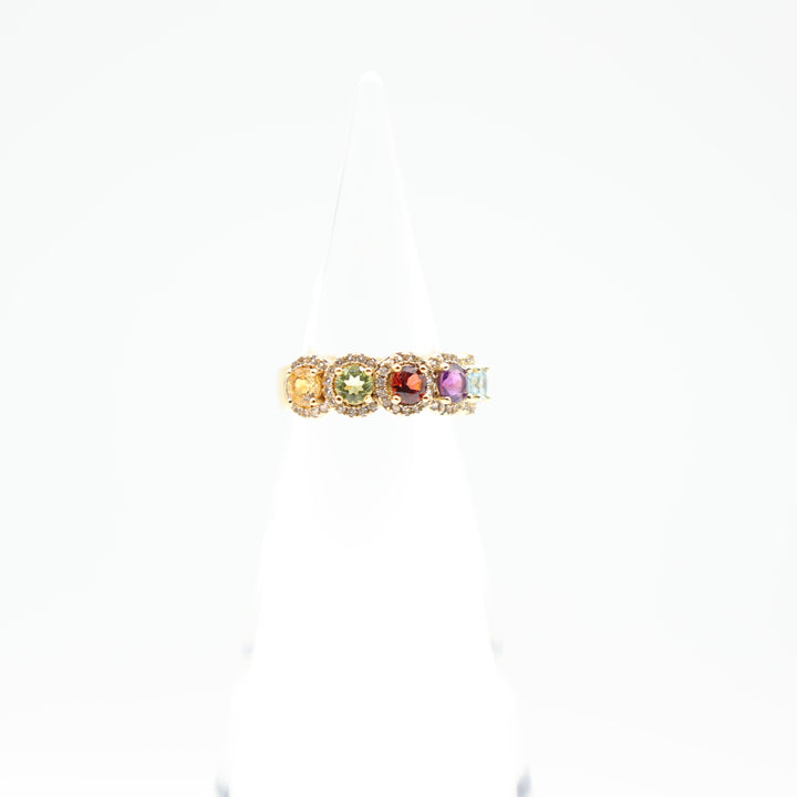 925 Sterling Silver 18k Gold Plated Band Ring with Citrine Blue Topaz Garnet Purple Spinel Prasiolite and White Sapphire Halo Stones Size 7