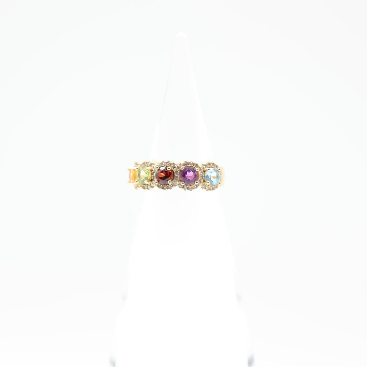 925 Sterling Silver 18k Gold Plated Band Ring with Citrine Blue Topaz Garnet Purple Spinel Prasiolite and White Sapphire Halo Stones Size 7