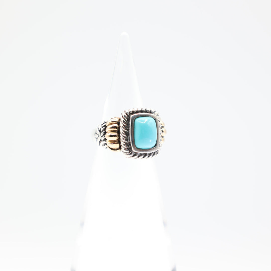 925 Sterling Silver and 14k Gold Accents Turquoise Stone Ring Size 7 10x8mm