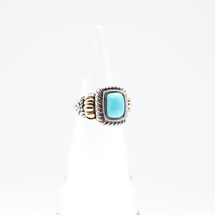 925 Sterling Silver and 14k Gold Accents Turquoise Stone Ring Size 7 10x8mm