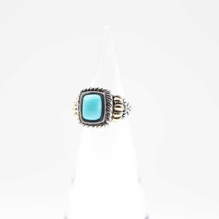 925 Sterling Silver and 14k Gold Accents Turquoise Stone Ring Size 7 10x8mm