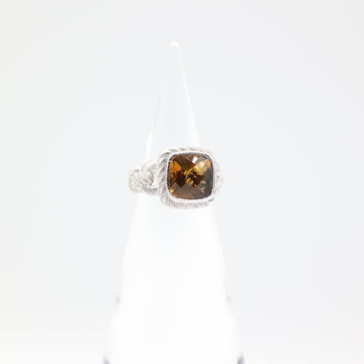 Judith Ripka 925 Sterling Silver Buckle Band Citrine Stone Ring Size 6.75