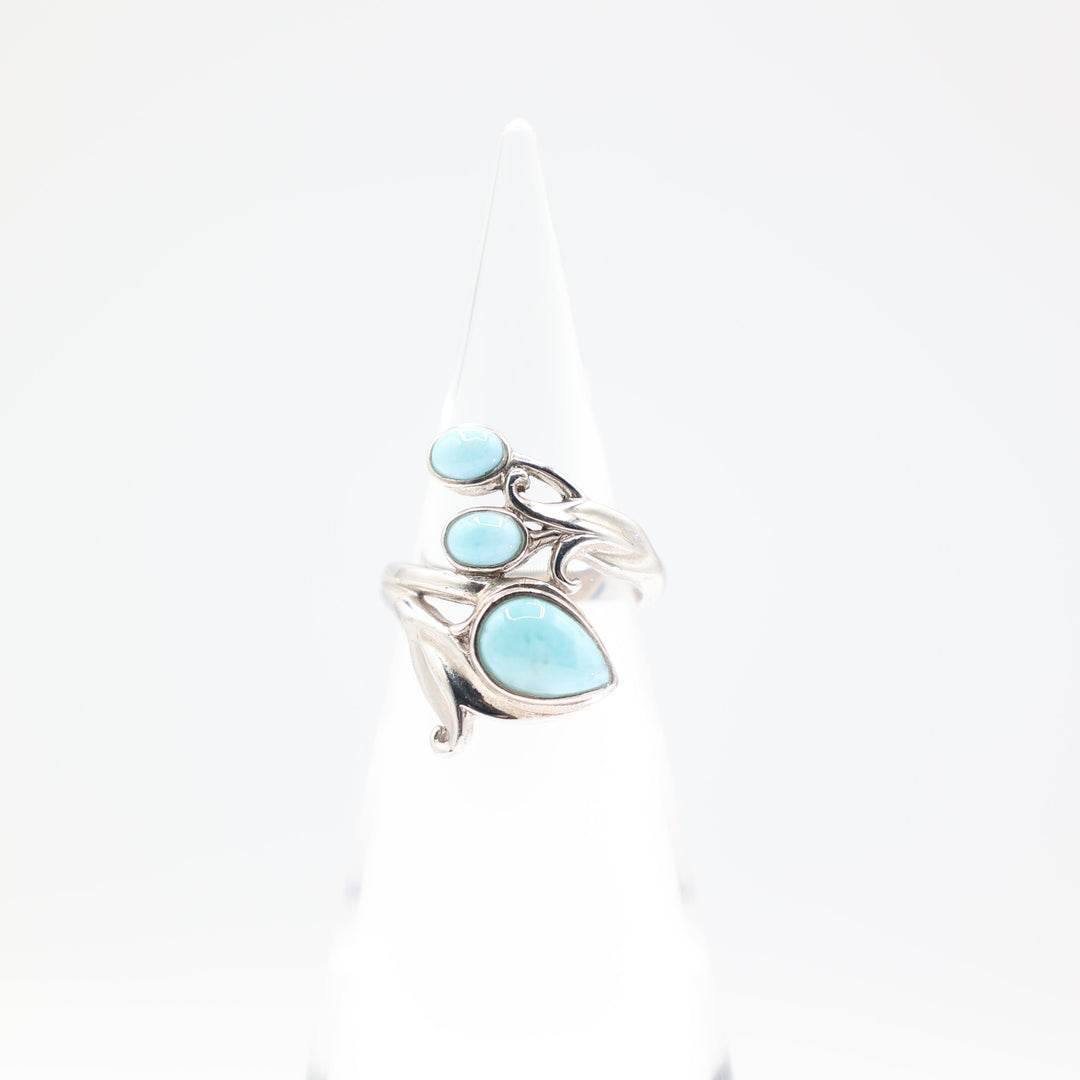 925 Silver Light Turquoise Teardrop Ring with Round Turquoise and Leaf Design Size 8.75