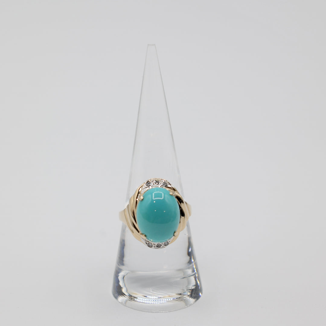 14k Yellow Charming Gold Oval Turquoise Cab with Diamond Accents Ring - Size 7.75