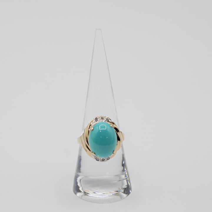 14k Yellow Charming Gold Oval Turquoise Cab with Diamond Accents Ring - Size 7.75