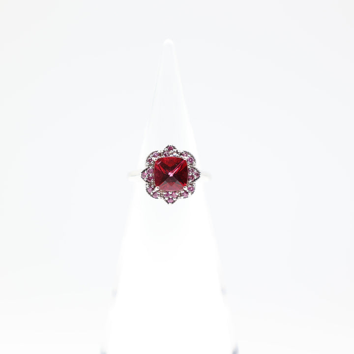 925 Sterling Silver Band with Flower Shaped Pink Quartz and 8mm Pink Ruby Stone Ring Size 6.75