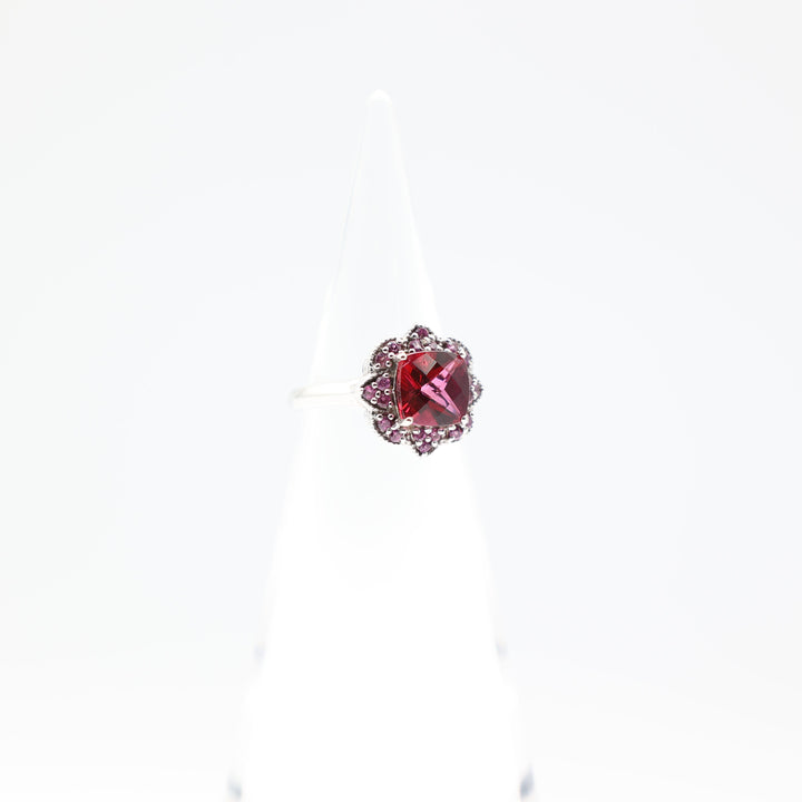925 Sterling Silver Band with Flower Shaped Pink Quartz and 8mm Pink Ruby Stone Ring Size 6.75
