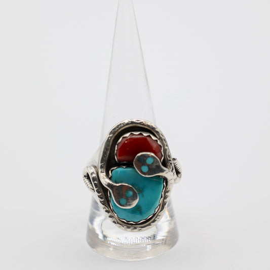 925 Sterling Silver Effy Calavasa Ring with Turquoise and Coral Gemstones - Size 10