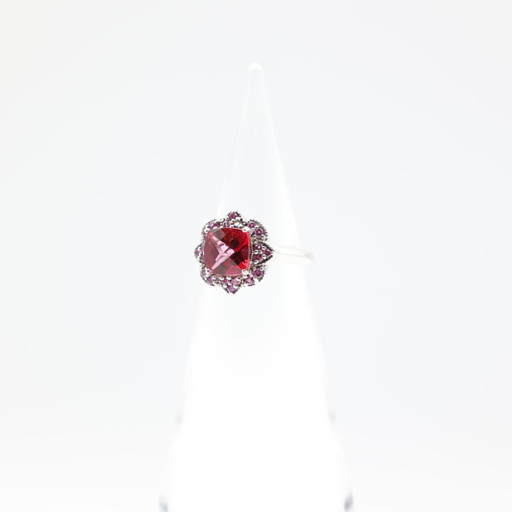 925 Sterling Silver Band with Flower Shaped Pink Quartz and 8mm Pink Ruby Stone Ring Size 6.75