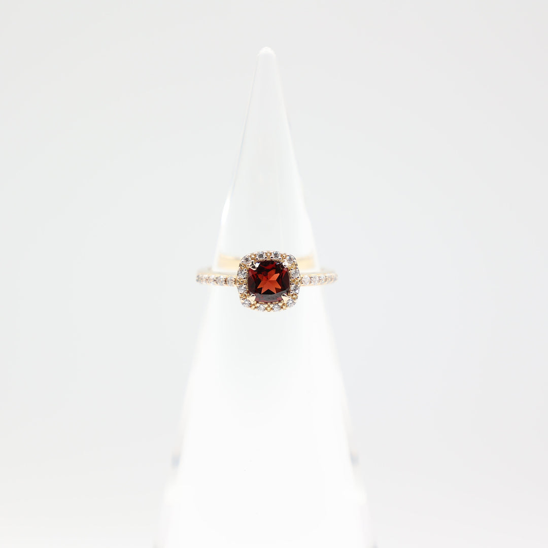 925 Yellow Gold Toned Square Garnet 6mm Halo Ring with White Glass Stones Size 7