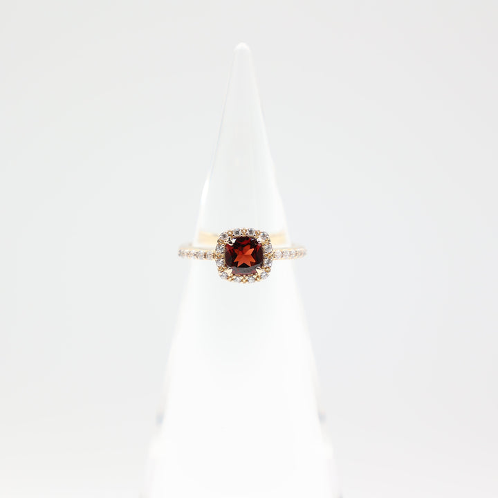 925 Yellow Gold Toned Square Garnet 6mm Halo Ring with White Glass Stones Size 7