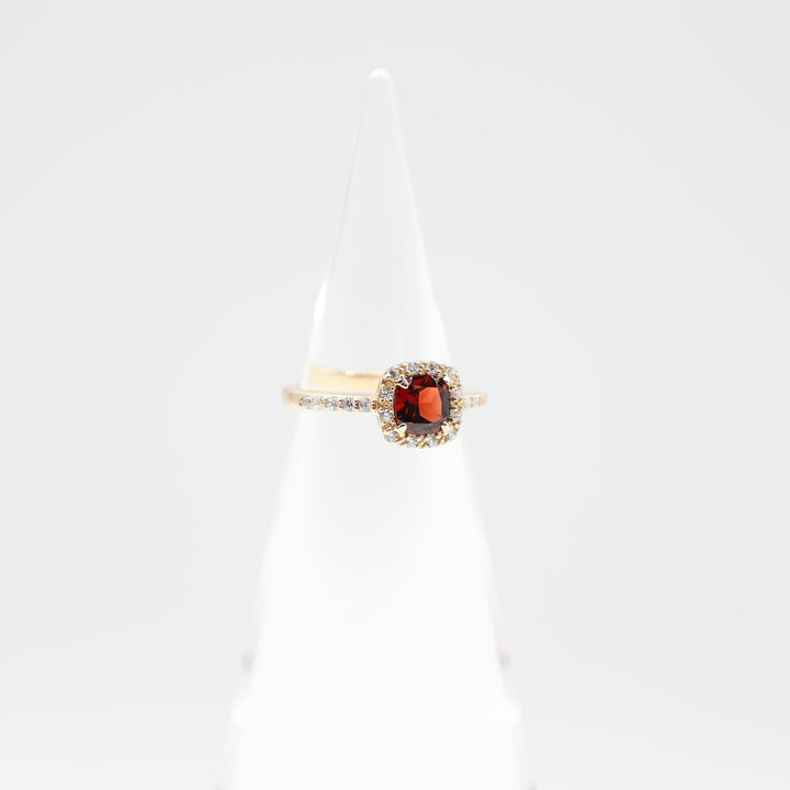 925 Yellow Gold Toned Square Garnet 6mm Halo Ring with White Glass Stones Size 7