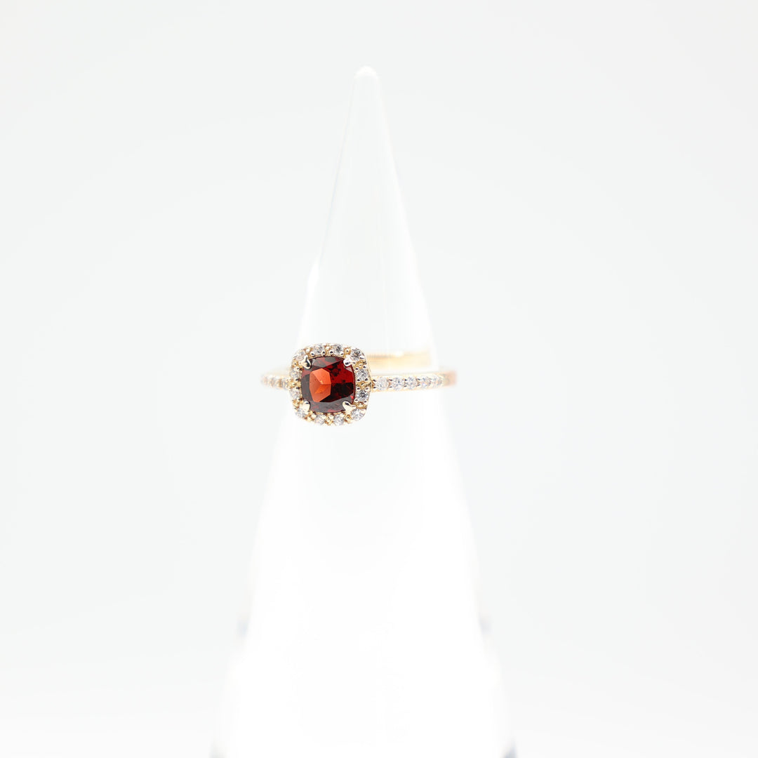 925 Yellow Gold Toned Square Garnet 6mm Halo Ring with White Glass Stones Size 7