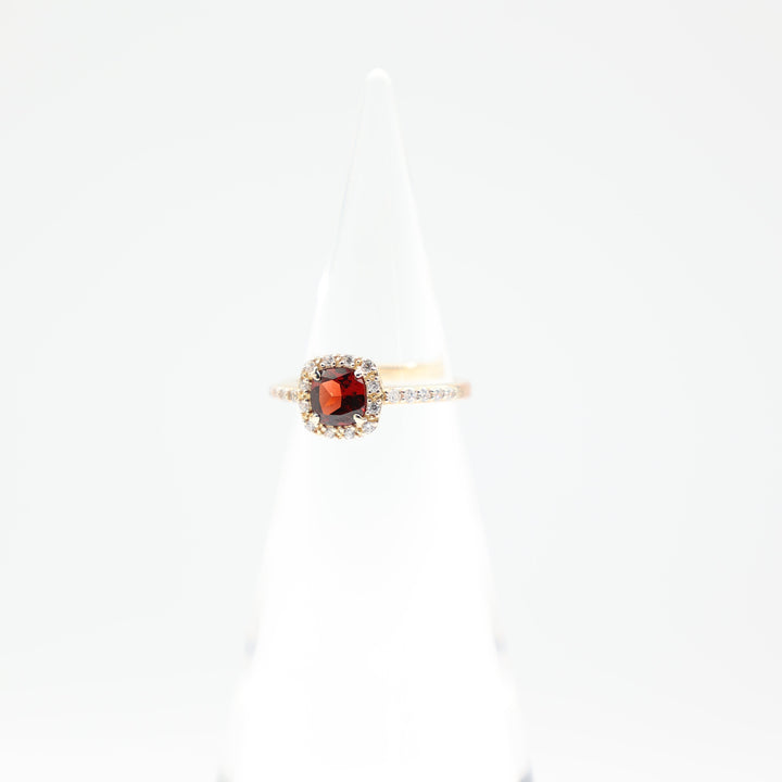 925 Yellow Gold Toned Square Garnet 6mm Halo Ring with White Glass Stones Size 7