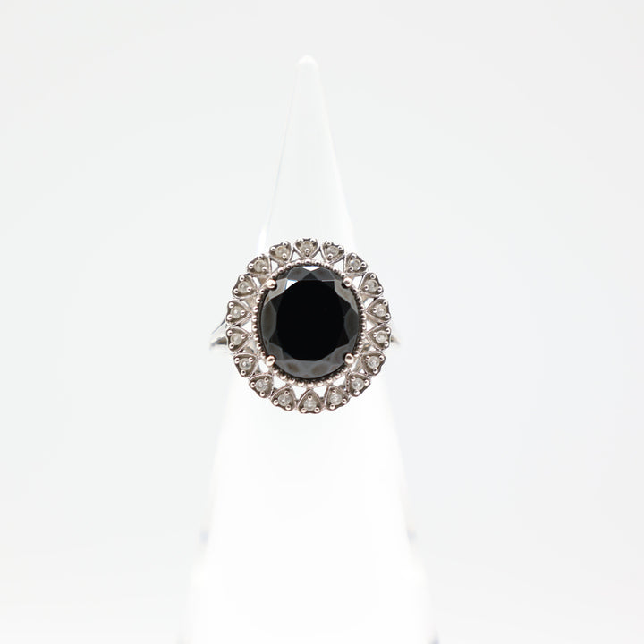 925 Sterling Silver Heart White Spinel Halo Ring with 14x12mm Oval Black Onyx Stone Size 9