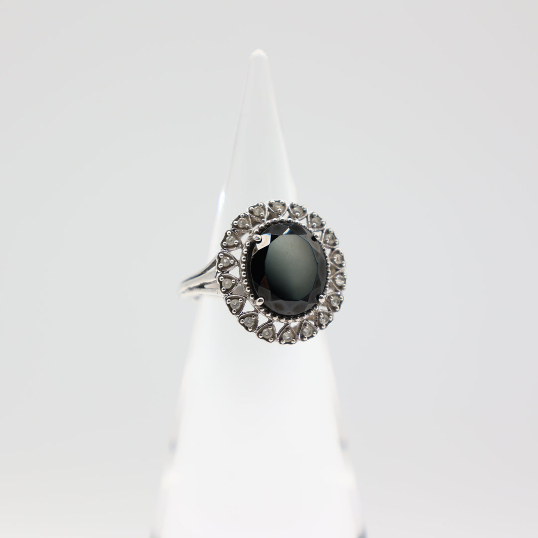 925 Sterling Silver Heart White Spinel Halo Ring with 14x12mm Oval Black Onyx Stone Size 9