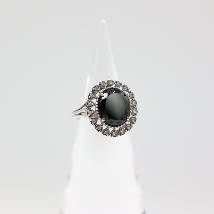 925 Sterling Silver Heart White Spinel Halo Ring with 14x12mm Oval Black Onyx Stone Size 9