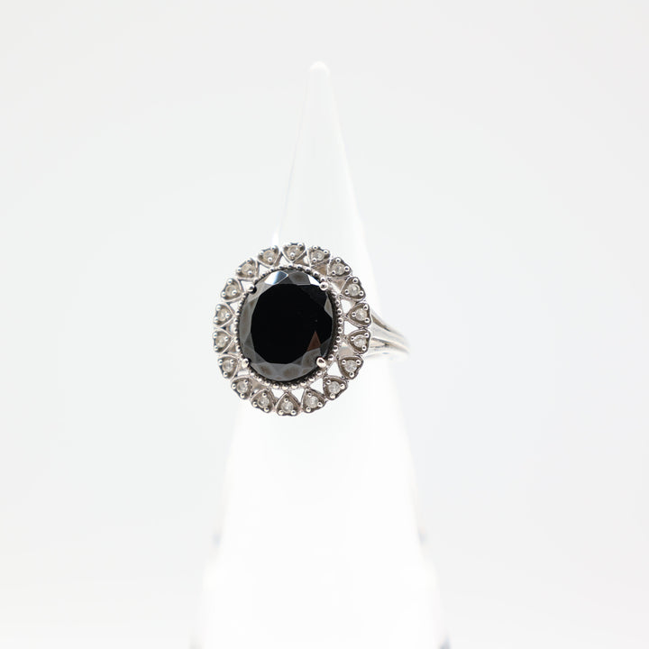 925 Sterling Silver Heart White Spinel Halo Ring with 14x12mm Oval Black Onyx Stone Size 9