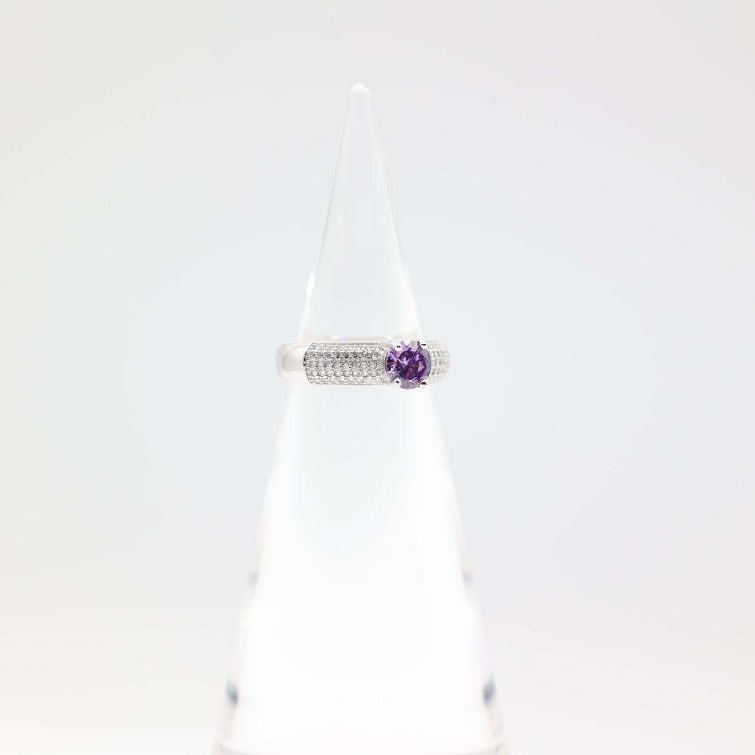 925 Sterling Silver Band Ring with 6mm Round Purple Stone Size 7.5