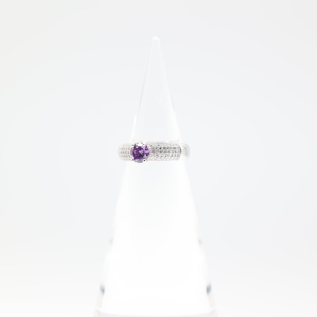925 Sterling Silver Band Ring with 6mm Round Purple Stone Size 7.5