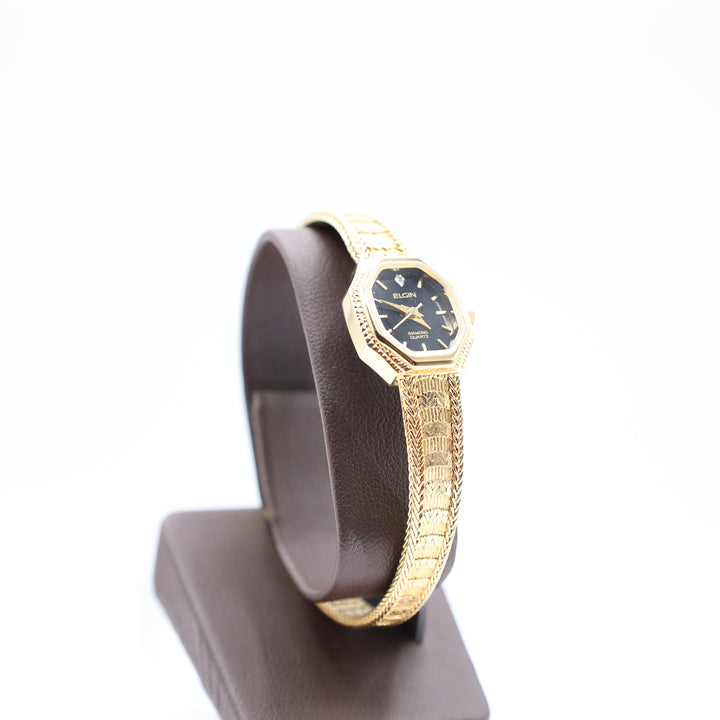 Elgin Women's Stainless Steel Gold Black Dial Diamond Watch