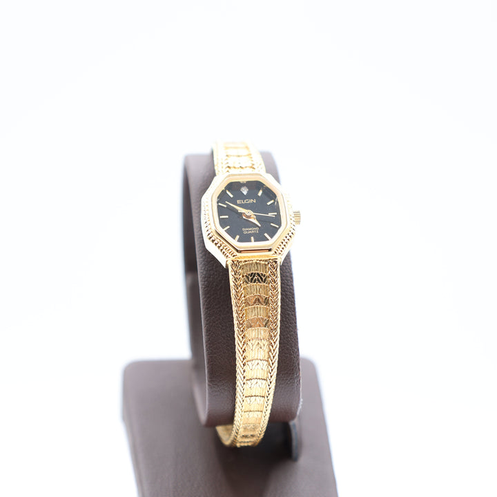 Elgin Women's Stainless Steel Gold Black Dial Diamond Watch