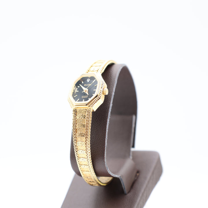 Elgin Women's Stainless Steel Gold Black Dial Diamond Watch