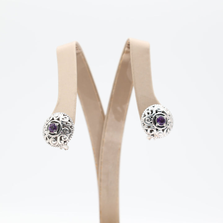 925 Sterling Silver Carolyn Pollack Round Filigree Amethyst Stone Earrings