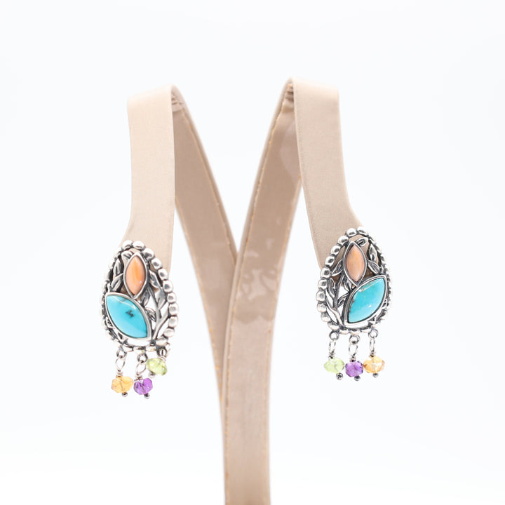 925 Sterling Silver Turquoise Coral Native Design Dangle Earrings with Amethyst Prasiolite and Citrine Beads