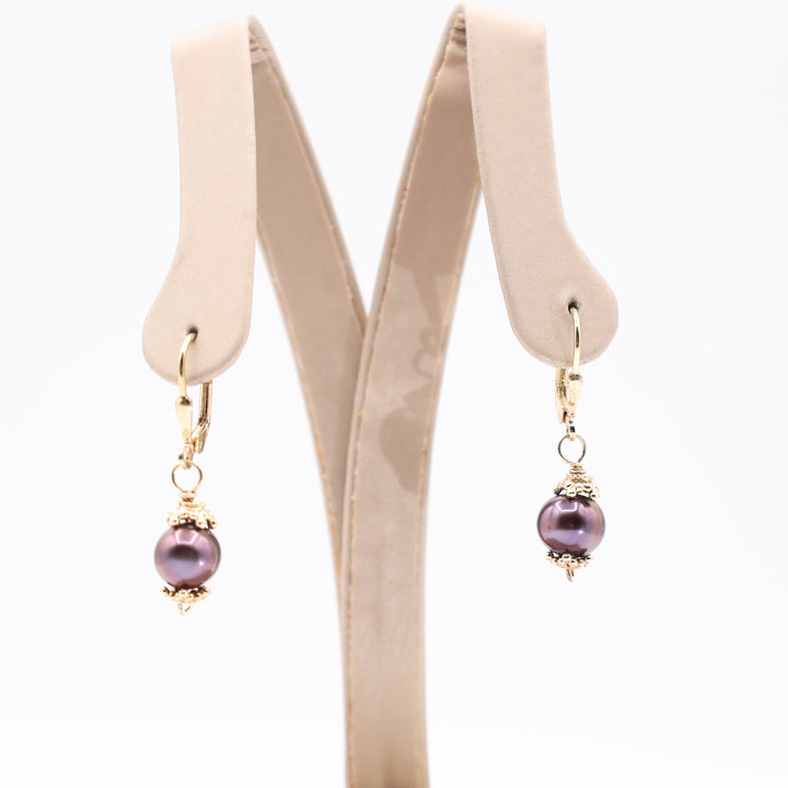 925 Sterling Silver Gold Plated Hook Purple Pearl Dangle Earrings
