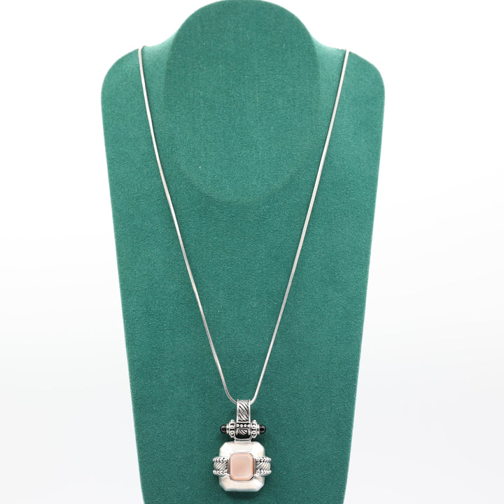 925 Sterling Silver Pink Mother Of Pearl Aztec Style Pendant Necklace
