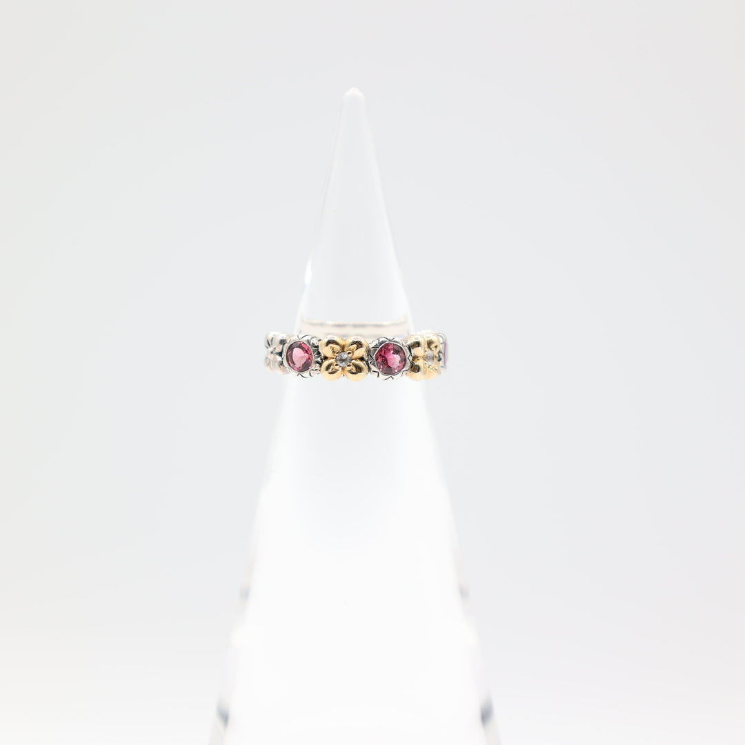 925 Sterling Silver Bixby with Gold Flower Accents and Pink Quartz Round Stones Ring Size 6