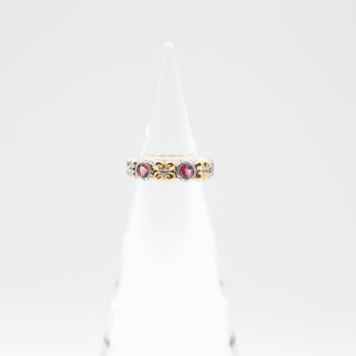 925 Sterling Silver Bixby with Gold Flower Accents and Pink Quartz Round Stones Ring Size 6