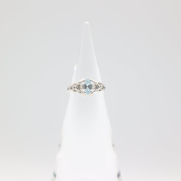 925 Sterling Silver Heart Filigree Design Marquise 8x4mm Blue Topaz Stone Ring Size 6.75