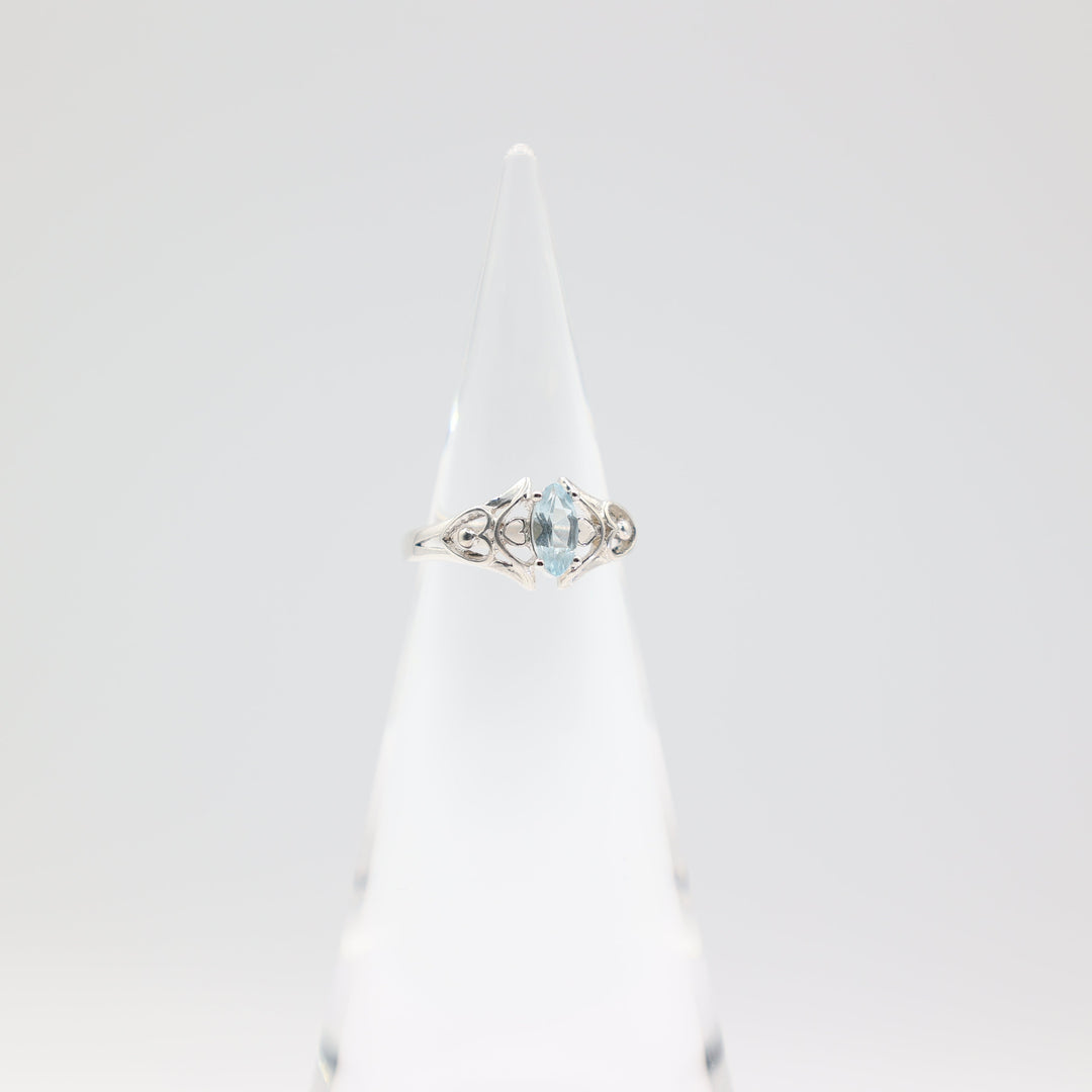 925 Sterling Silver Heart Filigree Design Marquise 8x4mm Blue Topaz Stone Ring Size 6.75