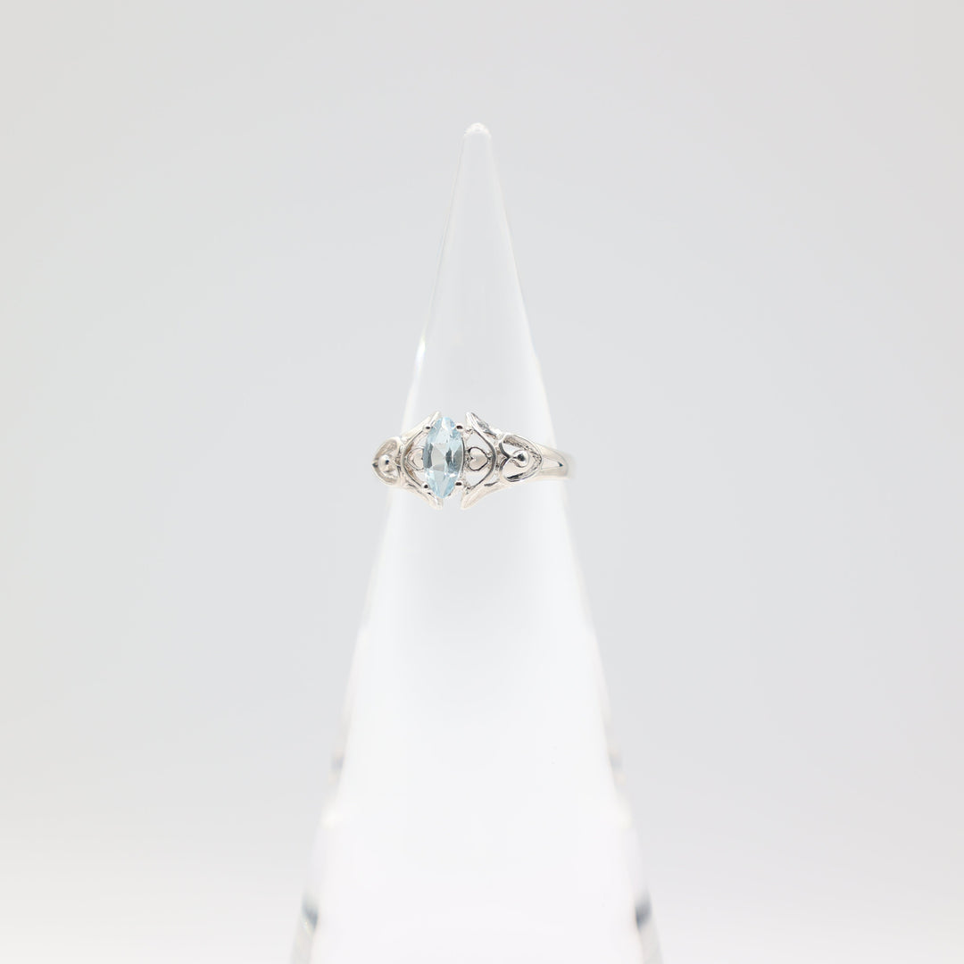 925 Sterling Silver Heart Filigree Design Marquise 8x4mm Blue Topaz Stone Ring Size 6.75