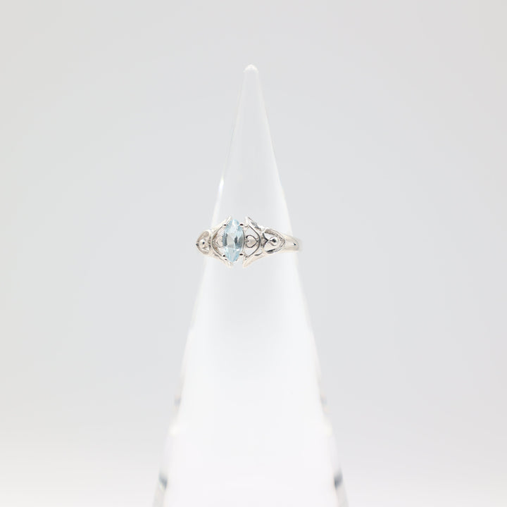 925 Sterling Silver Heart Filigree Design Marquise 8x4mm Blue Topaz Stone Ring Size 6.75