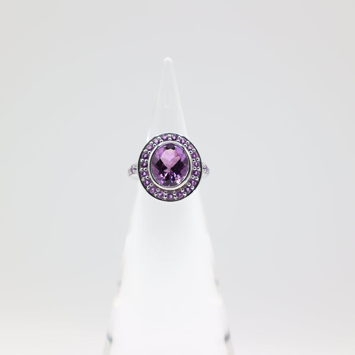 925 Sterling Silver Oval Amethyst Stone Ring with Amethyst Halo Size 6