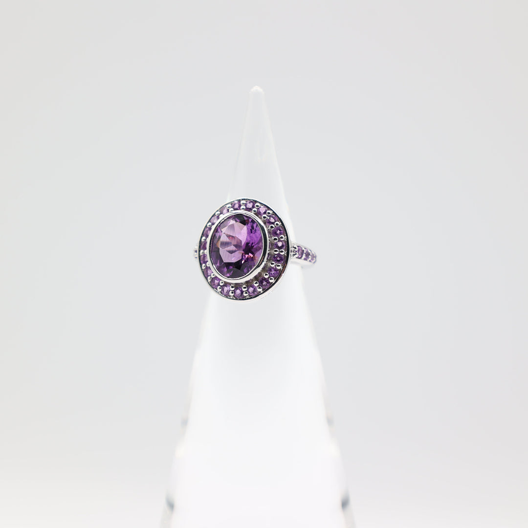 925 Sterling Silver Oval Amethyst Stone Ring with Amethyst Halo Size 6