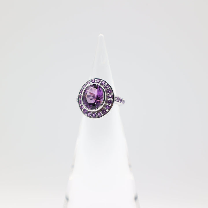 925 Sterling Silver Oval Amethyst Stone Ring with Amethyst Halo Size 6