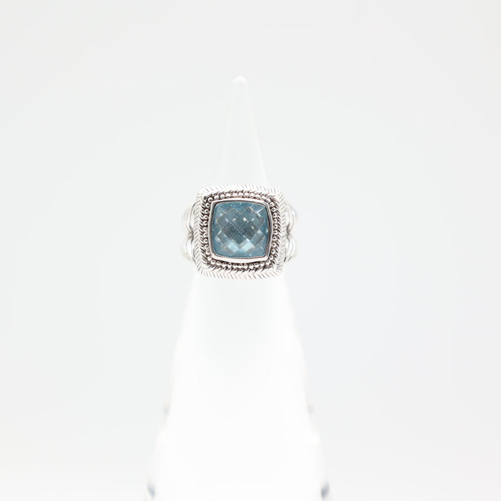 Judith Ripka 925 Sterling Silver Square Blue Topaz Ring Size 5.75
