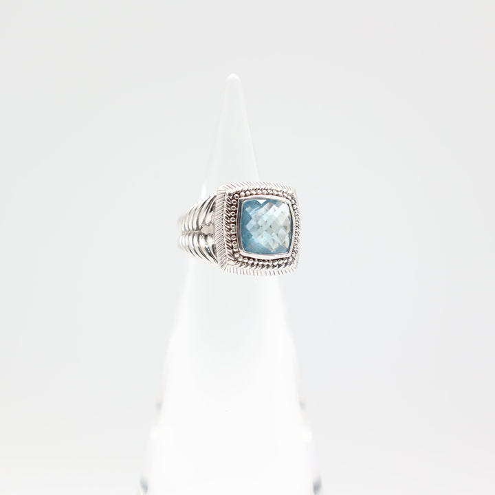 Judith Ripka 925 Sterling Silver Square Blue Topaz Ring Size 5.75
