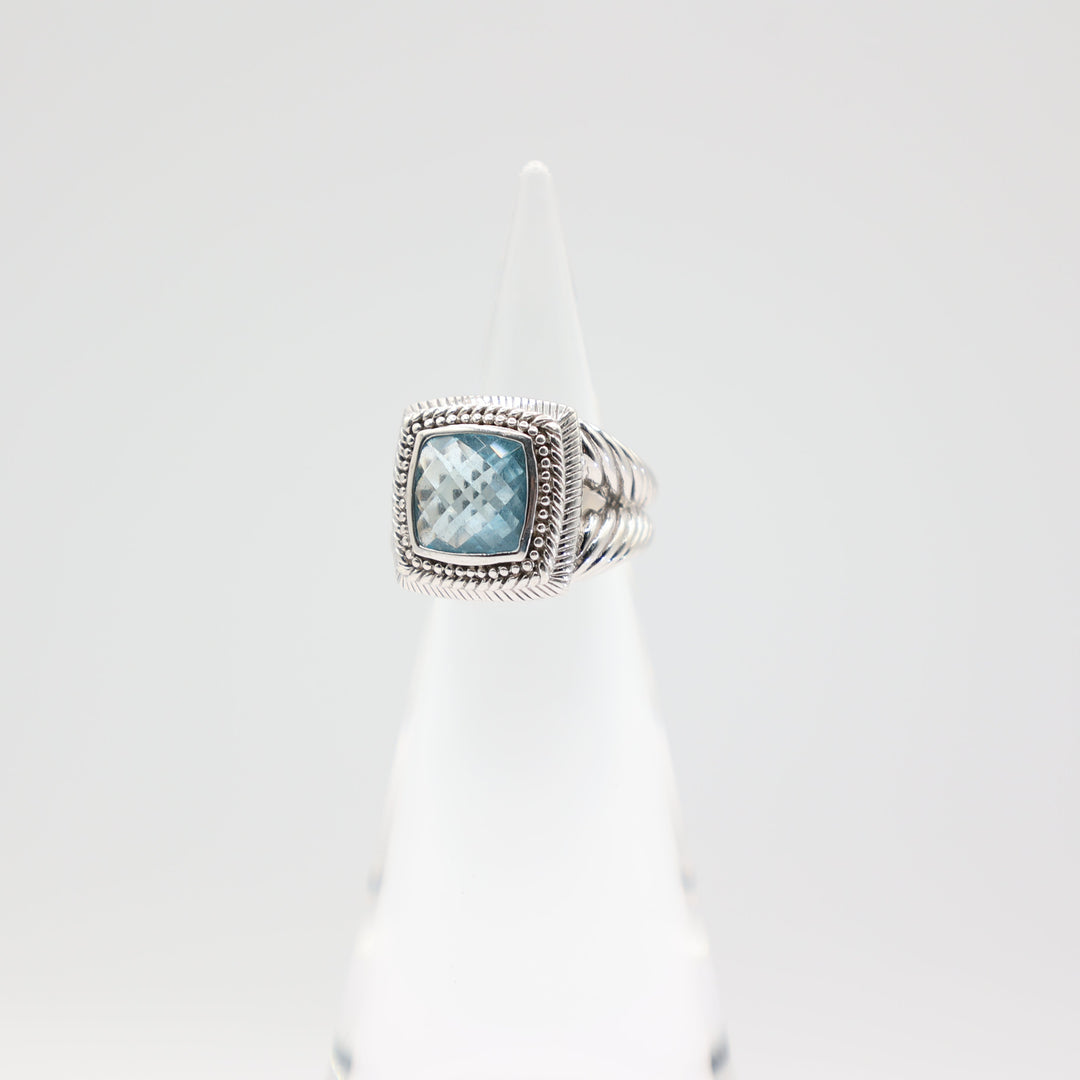 Judith Ripka 925 Sterling Silver Square Blue Topaz Ring Size 5.75