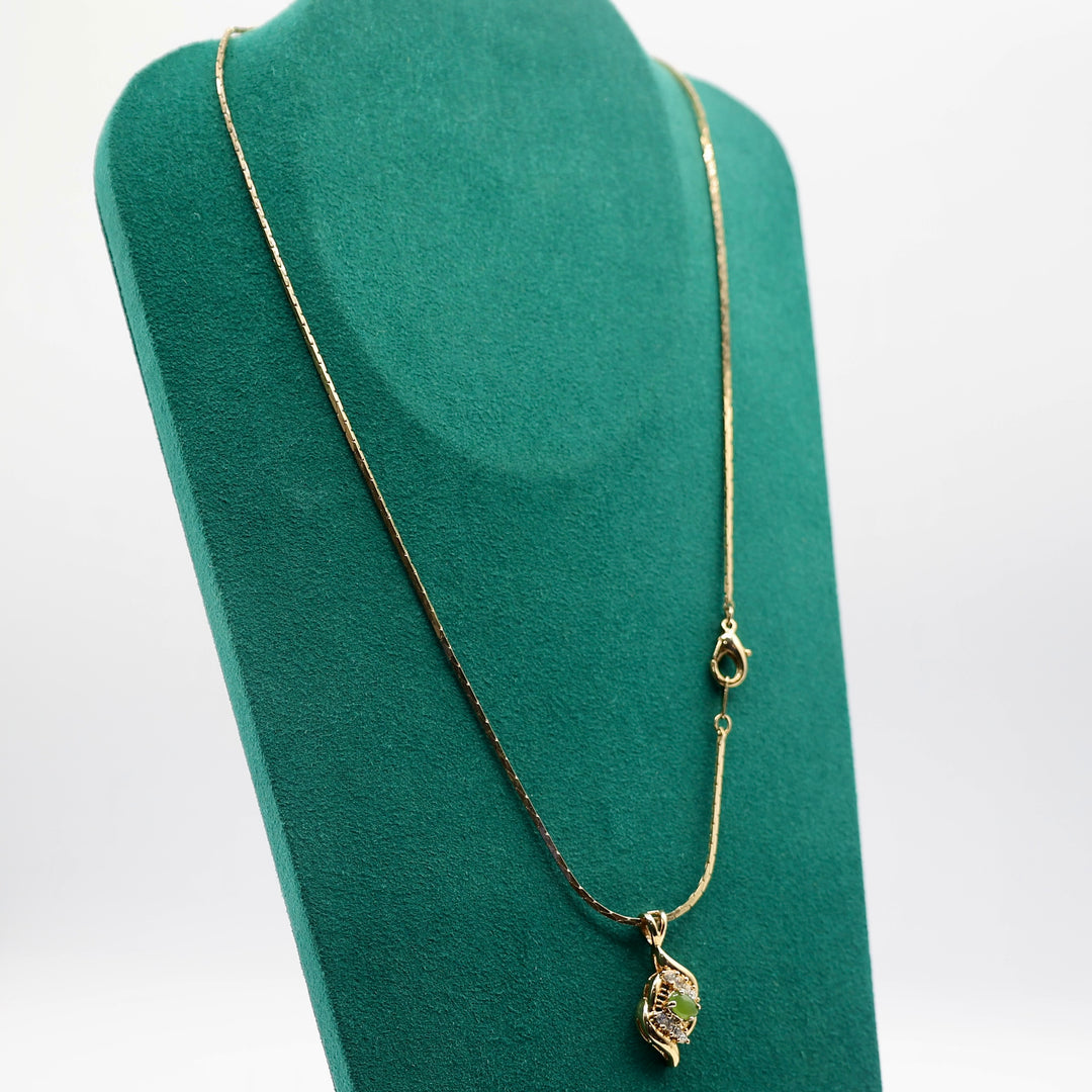 Gold Tone Costume Jewelry Chain Necklace and Pendant with Green Stones - 10.5 inches